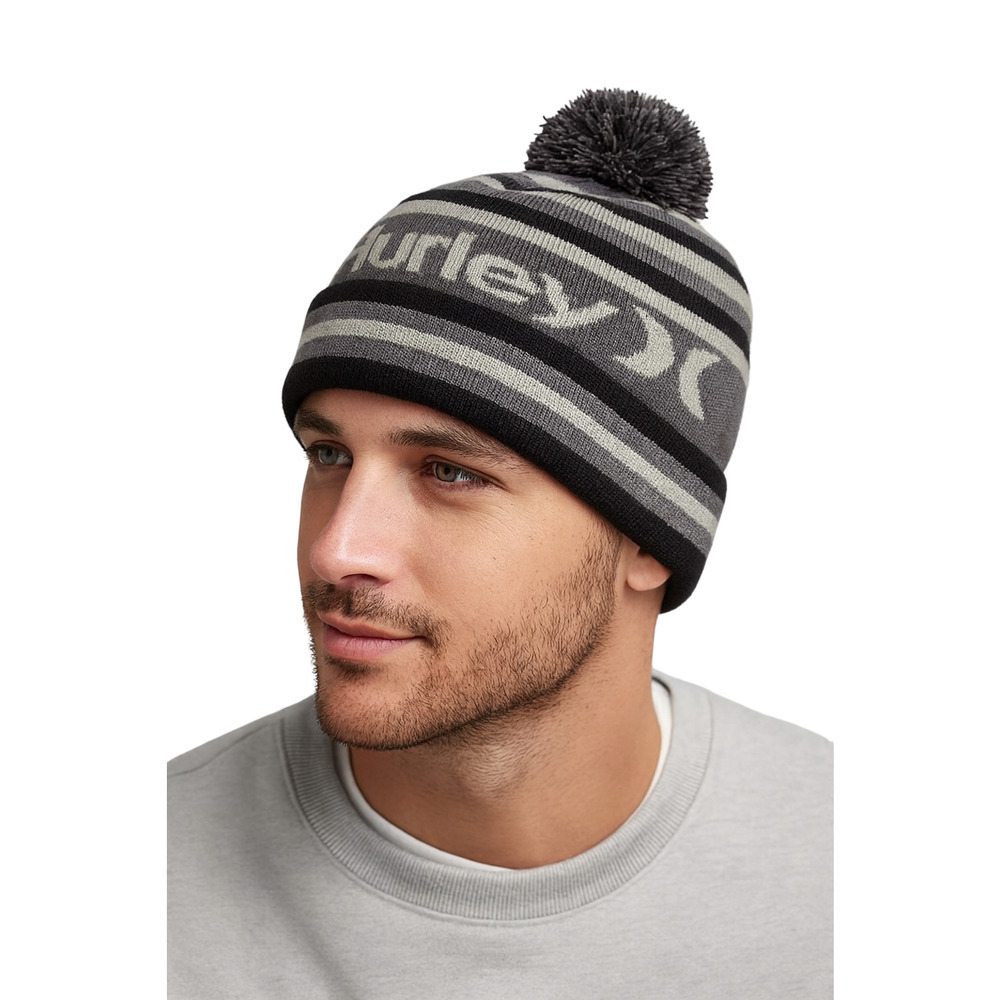 Hurley Ragland Black Gray Pom Beanie Knit Winter Hat Cuffed Acrylic One Size New